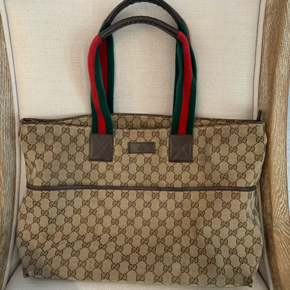 Gucci Beige and Brown Tote with Red and Green Straps